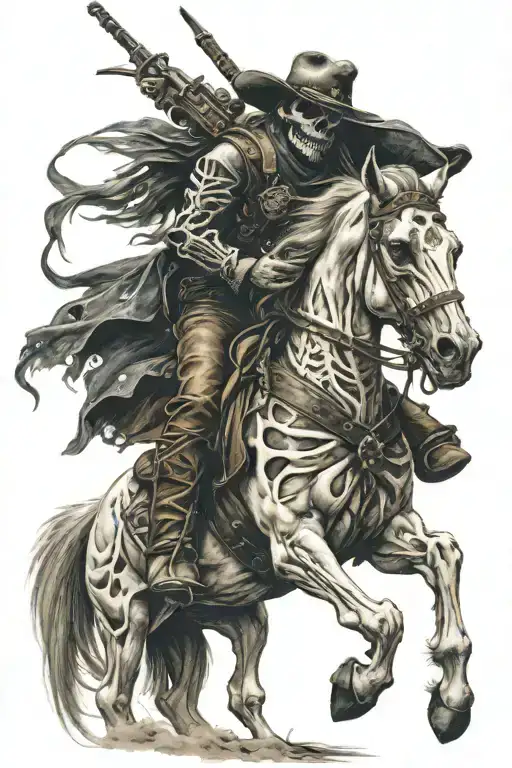 skeleton cowboy, skeleton horse, professional photography, detailed tattoo design idea