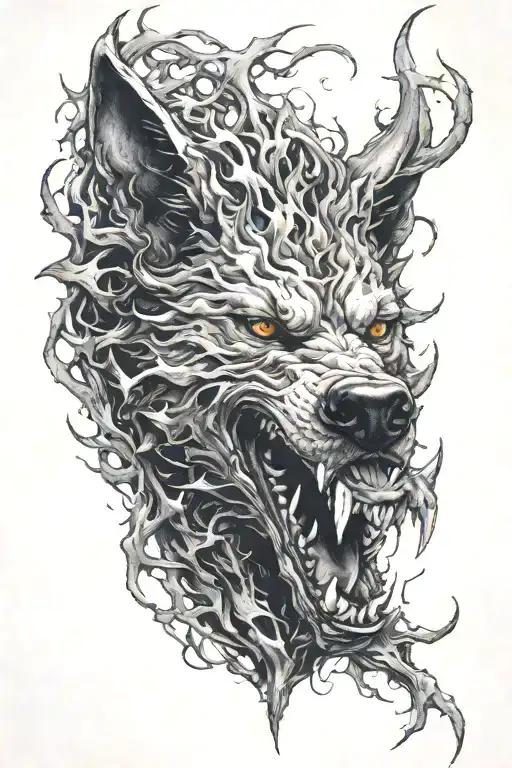 hell hound, smoke, vicious, fire, thorns tattoo design idea