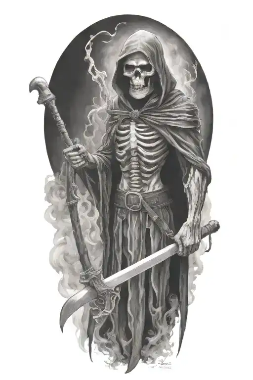Grim Reaper, smoke, succubus, scythe tattoo design idea