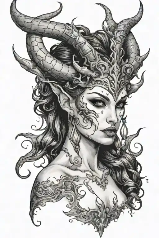 succubus, small head horns, attractive woman, seductive, large reasted, symetrical horns, full body tattoo design idea