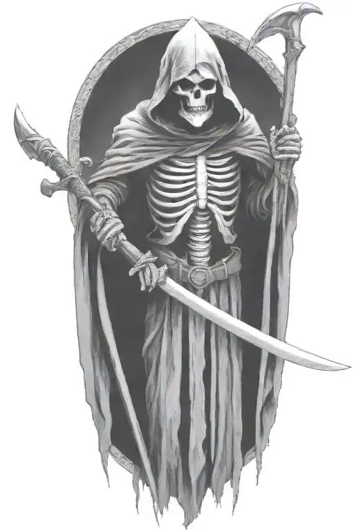 hooded Reaper, darkness,, scary, holding a scythe, blade tattoo design idea