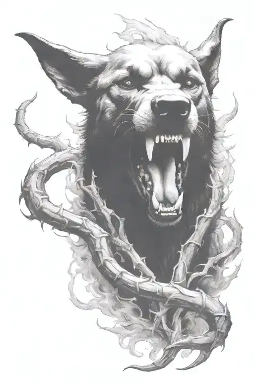 hell hound, smoke, vicious, fire, thorns tattoo design idea