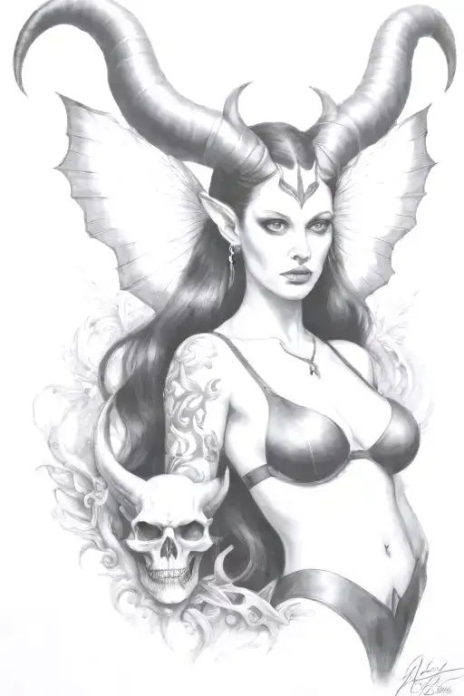 succubus, large breasted, attractive woman, small horns, symetrical horns tattoo design idea
