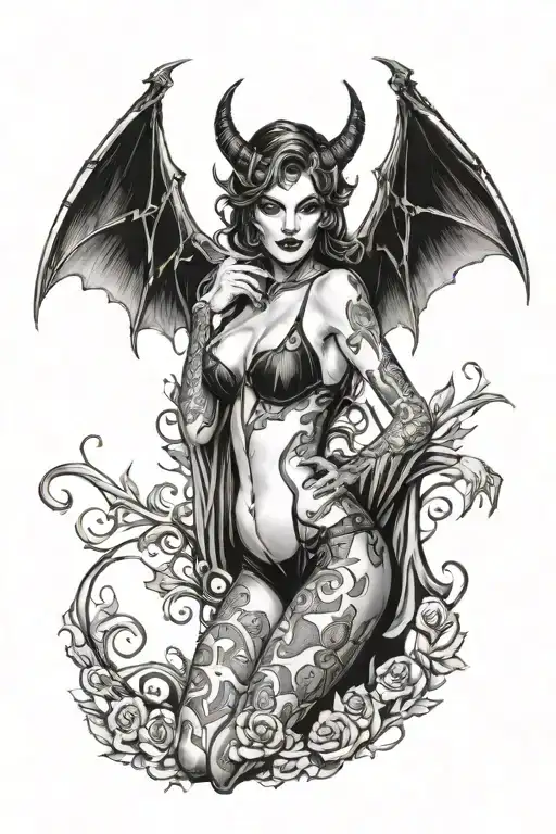 Succubus, seductive, large breasted, lingerie, bat wings, tattooed, full body tattoo design idea