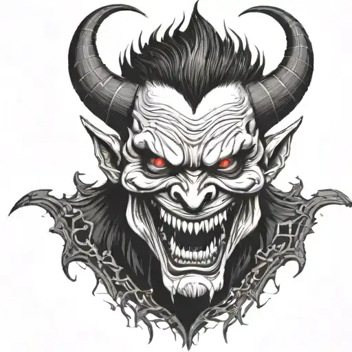 demon face, scary, disgusting scary evil smile, sharp teeth, angry, dark tattoo design idea