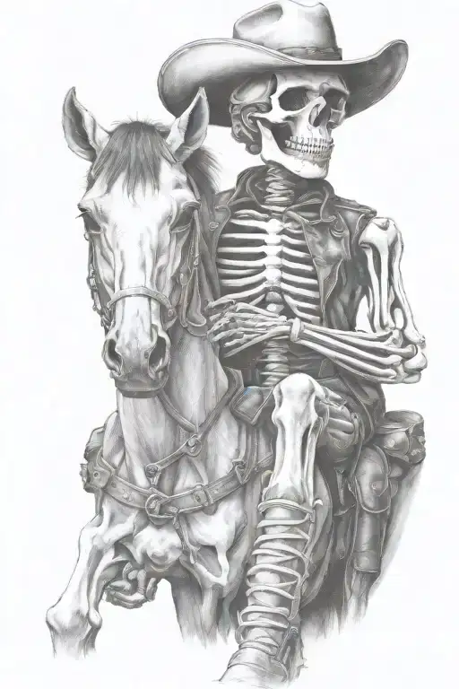 skeleton cowboy, skeleton horse, detailed tattoo design idea