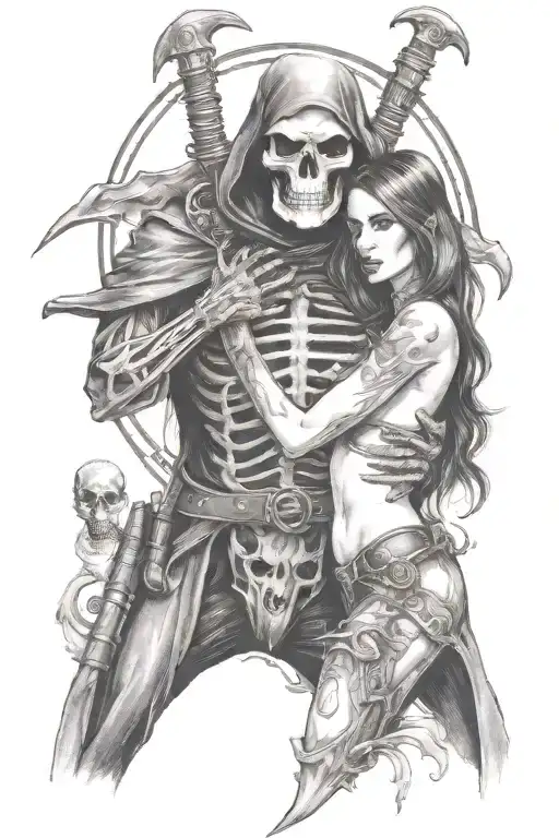 hooded reaper and a attractive woman, sexual tattoo design idea