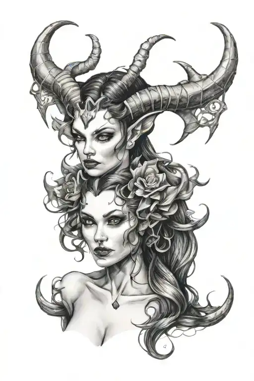 succubus, small head horns, attractive woman, seductive, large reasted tattoo design idea