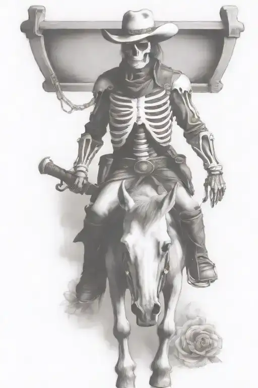 skeleton cowboy, skeleton horse, sword drawn tattoo design idea