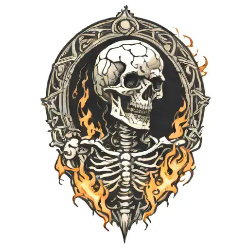 burning skeleton suffering in pain hurt torture scary  tattoo design idea
