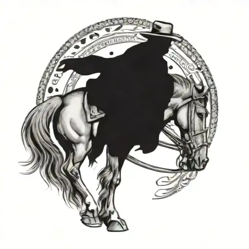cowboy horseback, sideview, detailed, standing still, holding reigns tattoo design idea