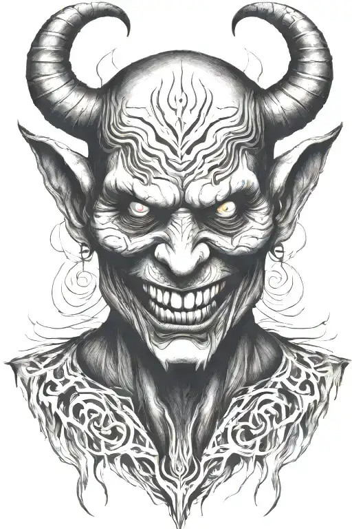 Demon face, evil, smiling tattoo design idea