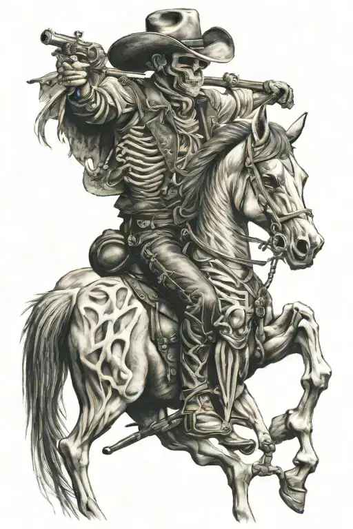 skeleton cowboy, skeleton horse, professional photography, detailed tattoo design idea