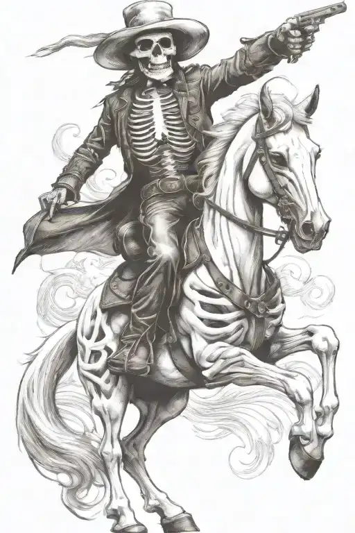 skeleton cowboy, skeleton horse, fire tattoo design idea