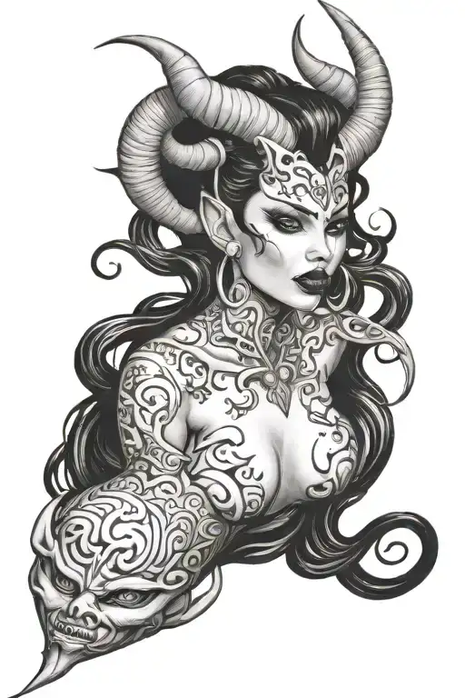 succubus, seductive, tongue out, sexual, large breasted, attractive woman, demoness, twisted horns tattoo design idea