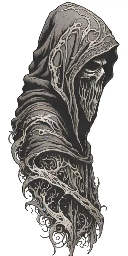 hooded reaper silohuette, smoke, fire, scary, bat wings tattoo design idea