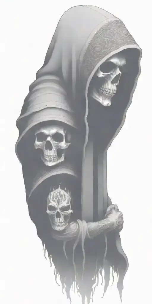 hooded reaper silohuette, smoke, fire, scary, bat wings tattoo design idea