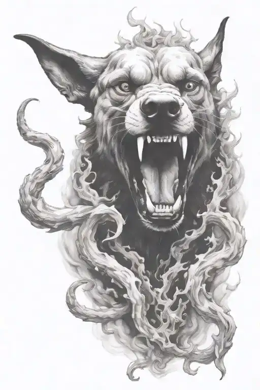 hell hound, smoke, vicious, fire, horns tattoo design idea