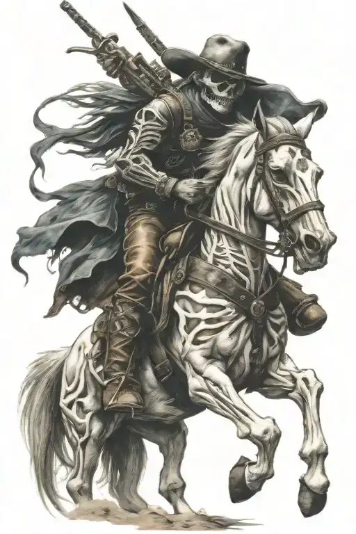 skeleton cowboy, skeleton horse, professional photography, detailed tattoo design idea