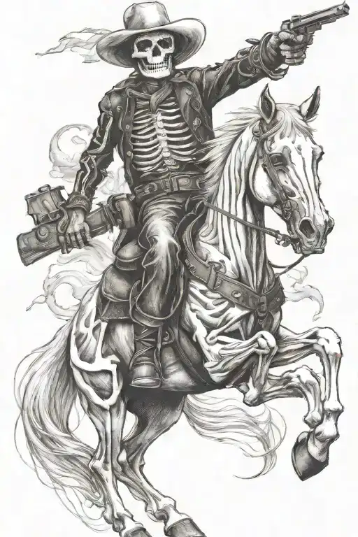 skeleton cowboy, skeleton horse, fire tattoo design idea