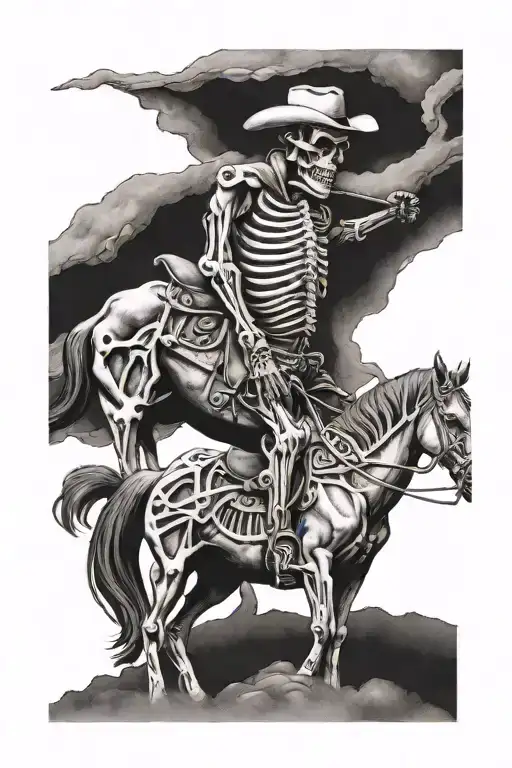 skeleton cowboy, skeleton horse, professional photography, detailed tattoo design idea