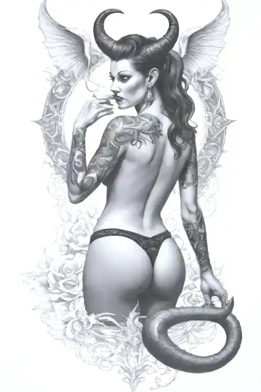 Succubus, seductive, large breasted, lingerie, tattooed, full body, standing, large horns, thorns tattoo design idea