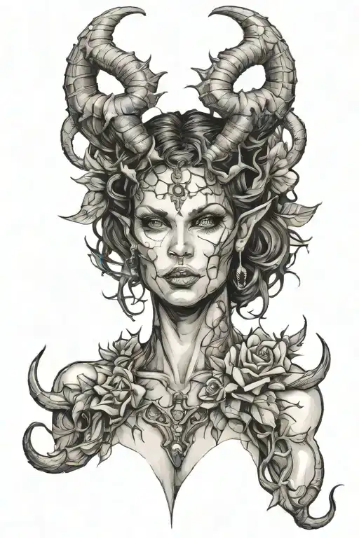 succubus, full body, silohuette, large horns on head, smiling, seductive, symetrical, thorns, large breasted, nude tattoo design idea