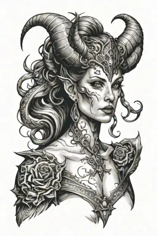 succubus, large breasted, attractive woman, small horns, symetrical horns tattoo design idea