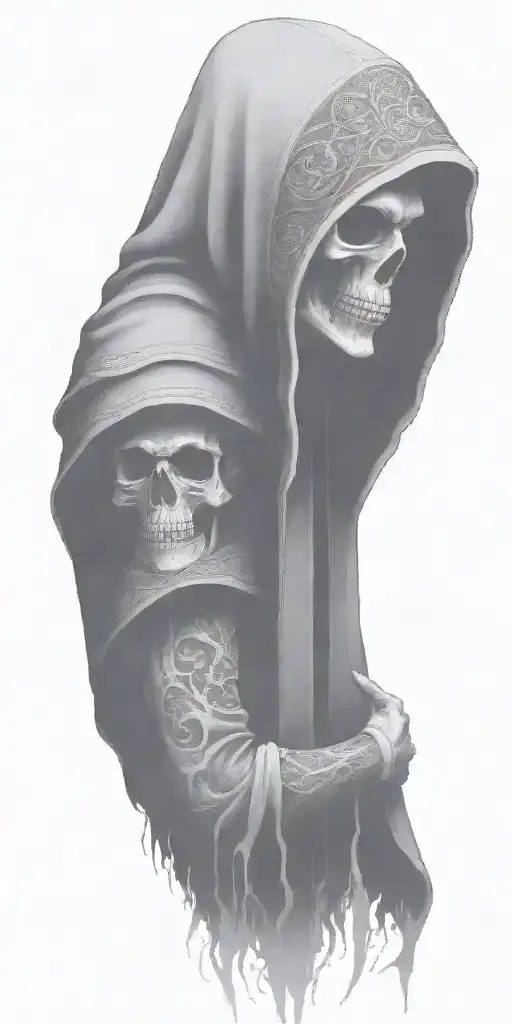 hooded reaper silohuette, smoke, fire, scary, bat wings tattoo design idea