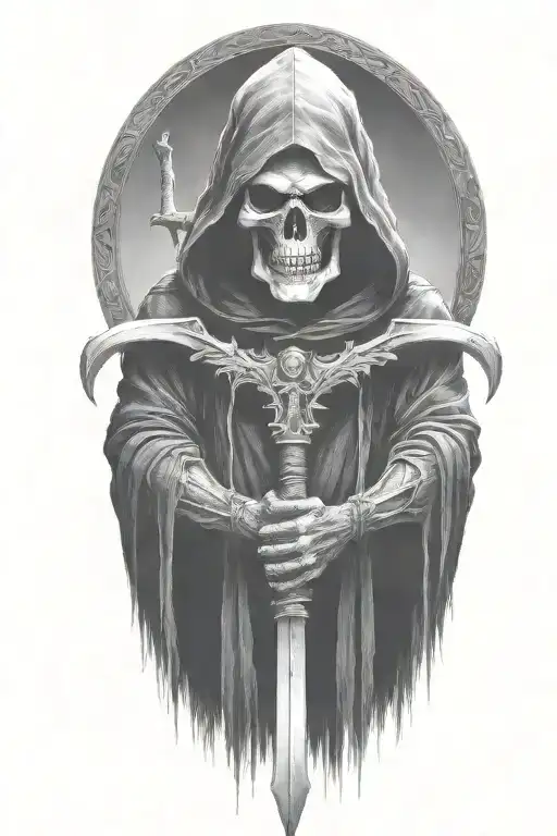 hooded Reaper, darkness,, scary, holding a scythe, blade tattoo design idea