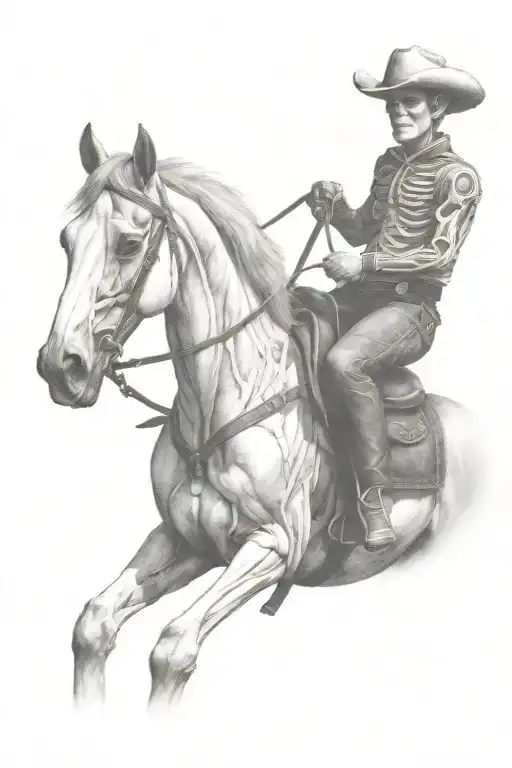 skeleton cowboy, skeleton horse, black and white, detailed tattoo design idea