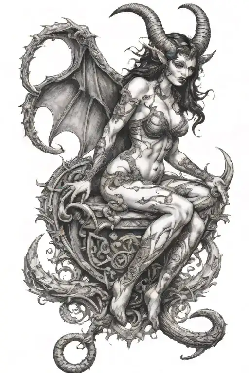 succubus, full body, tattooed, large breasted, attractive woman, large twisted horns, demoness, seductive, detailed tattoo design idea