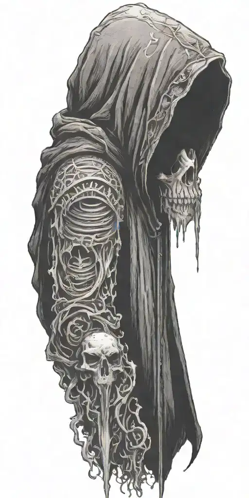 hooded reaper silohuette, smoke, fire, scary, bat wings tattoo design idea