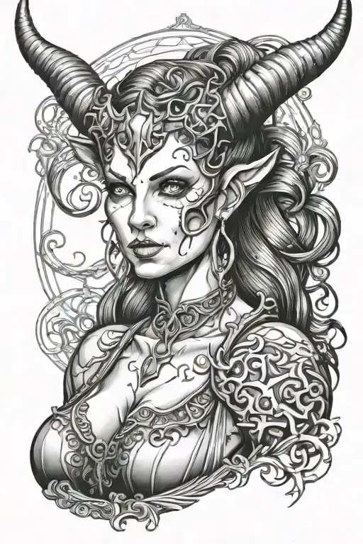 succubus, large breasted, attractive woman, horns, symetrical horns tattoo design idea
