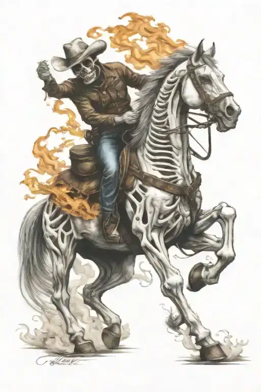 skeleton cowboy, skeleton horse, fire tattoo design idea