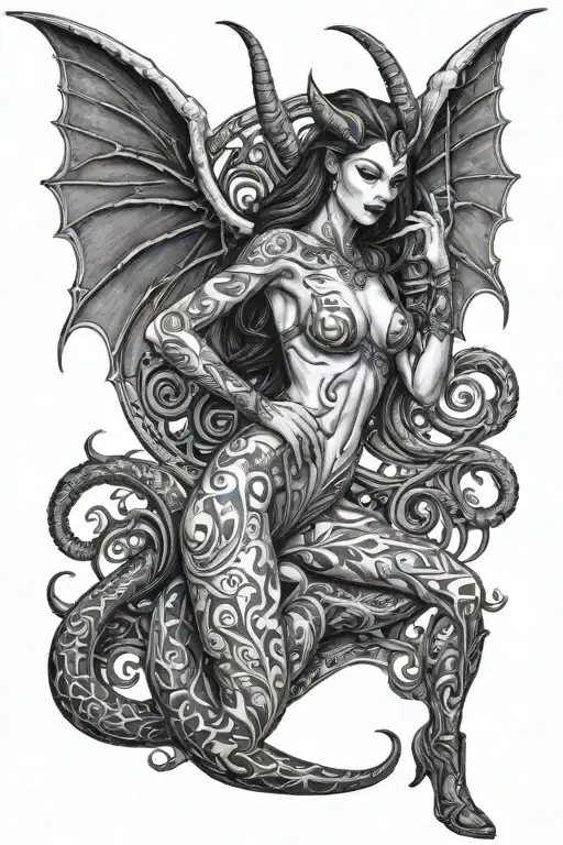 succubus, full body, attractive woman, seductive tattoo design idea