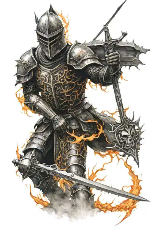 knight on fire, in battle, medevil, thorns, standing alone tattoo design idea