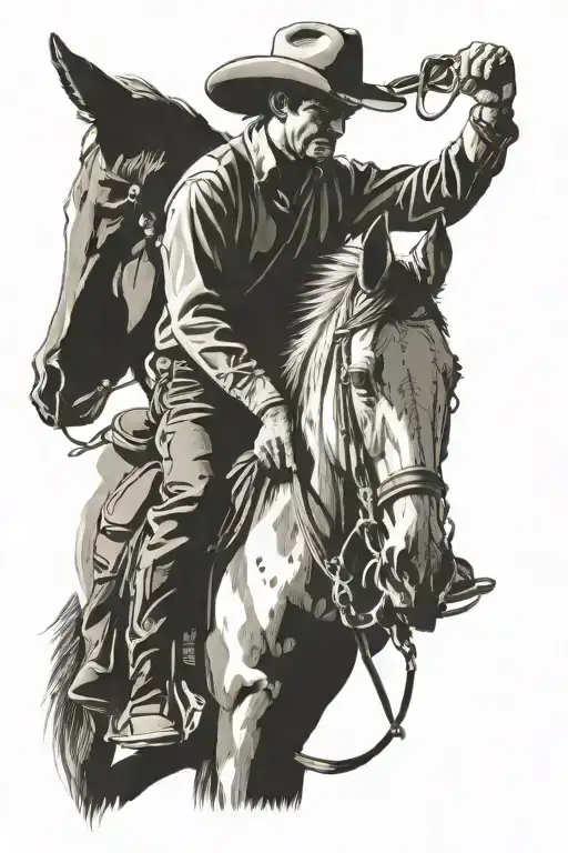 cowboy horseback, sideview, detailed, standing still, holding reigns tattoo design idea