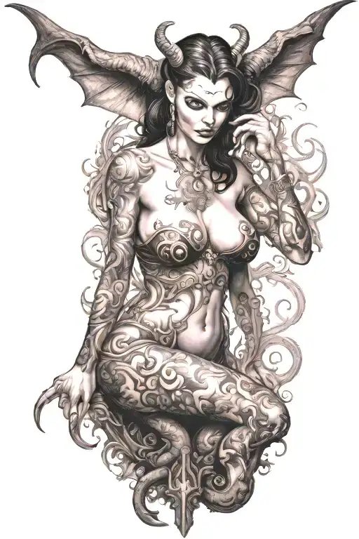 succubus, full body, tattooed, large breasted, attractive woman, large twisted horns, seductive, heels, standing tattoo design idea