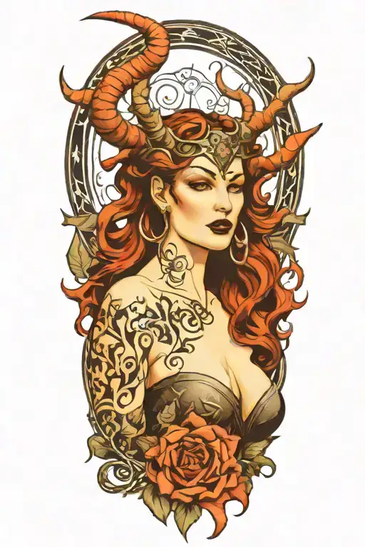 succubus, smoke, thorns, seductive, attractive woman, horns tattoo design idea