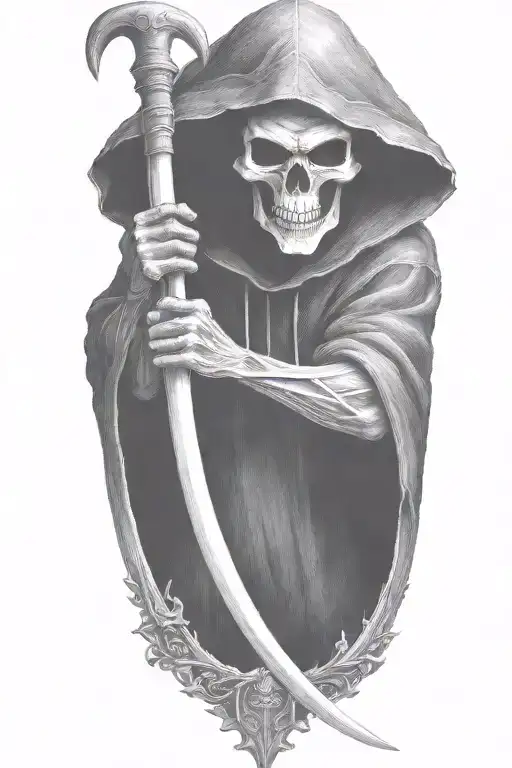 hooded Reaper, darkness,, scary, holding a scythe tattoo design idea