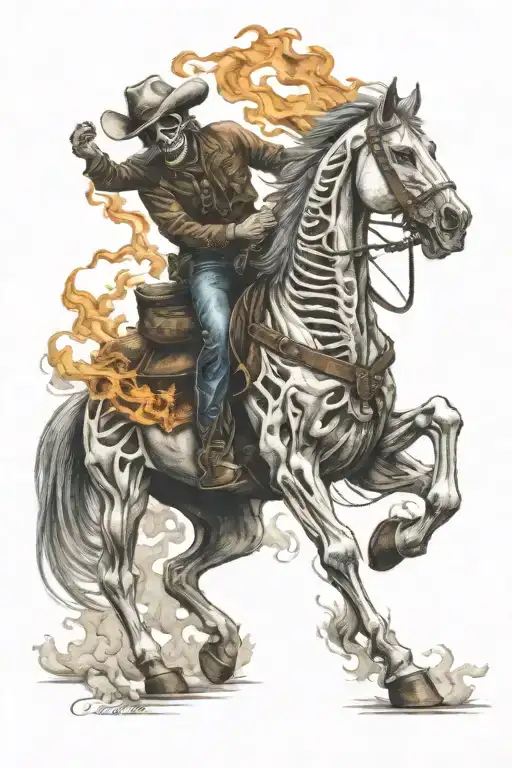 skeleton cowboy, skeleton horse, fire tattoo design idea