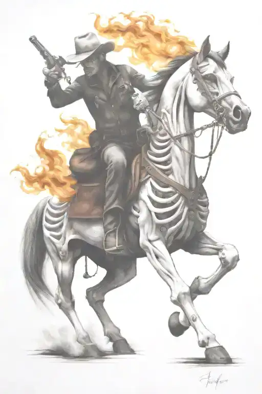 skeleton cowboy, skeleton horse, fire tattoo design idea