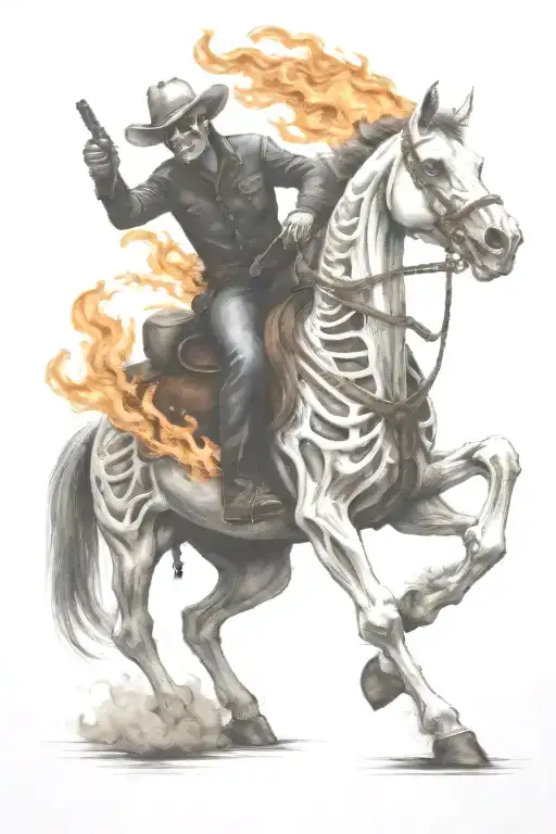 skeleton cowboy, skeleton horse, fire tattoo design idea