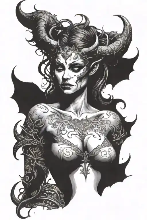 succubus, full body, silohuette, large horns, smiling, seductive tattoo design idea
