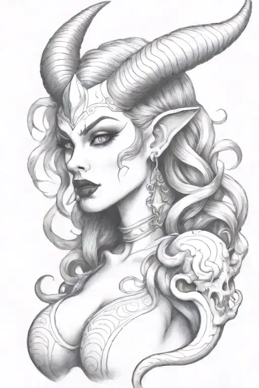 succubus, seductive, tongue out, sexual, large breasted, attractive woman, demoness, twisted horns tattoo design idea