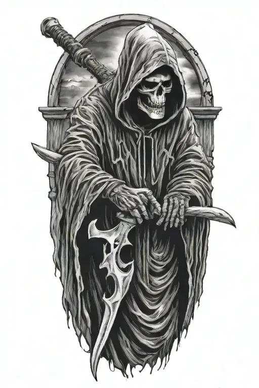 hooded Reaper, darkness,, scary, holding a scythe, blade tattoo design idea