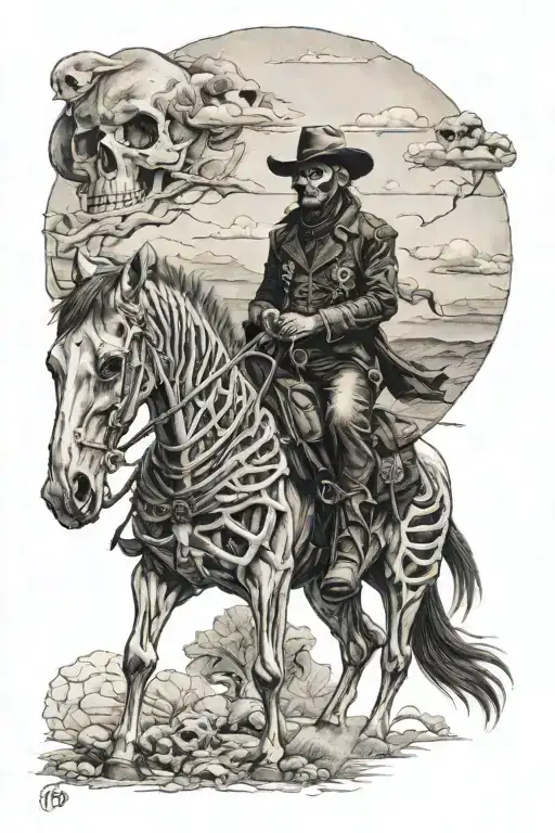 skeleton cowboy, skeleton horse, skeleton, lone rider, skull, skull cowboy tattoo design idea