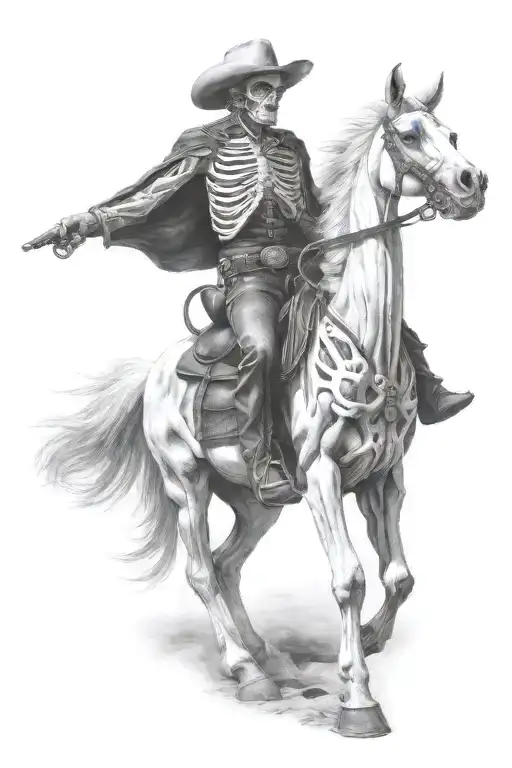 skeleton cowboy, skeleton horse, black and white, detailed tattoo design idea