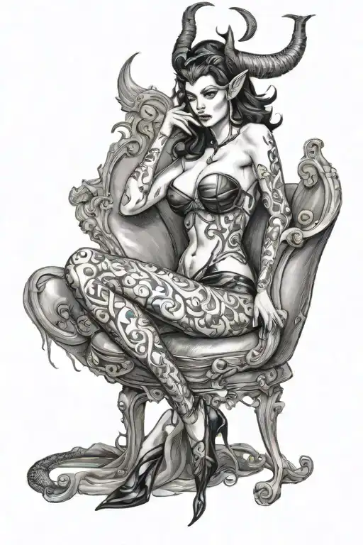succubus, back and shoulders, sexual, ful body, high heels, spread legs, large horns tattoo design idea